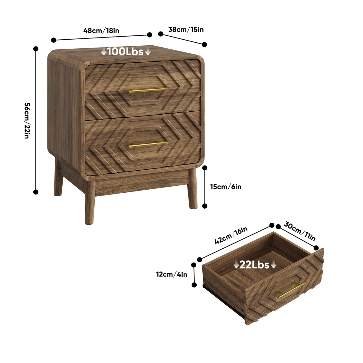 Walnut Wood Bedside Table with Double Drawers - Walnut