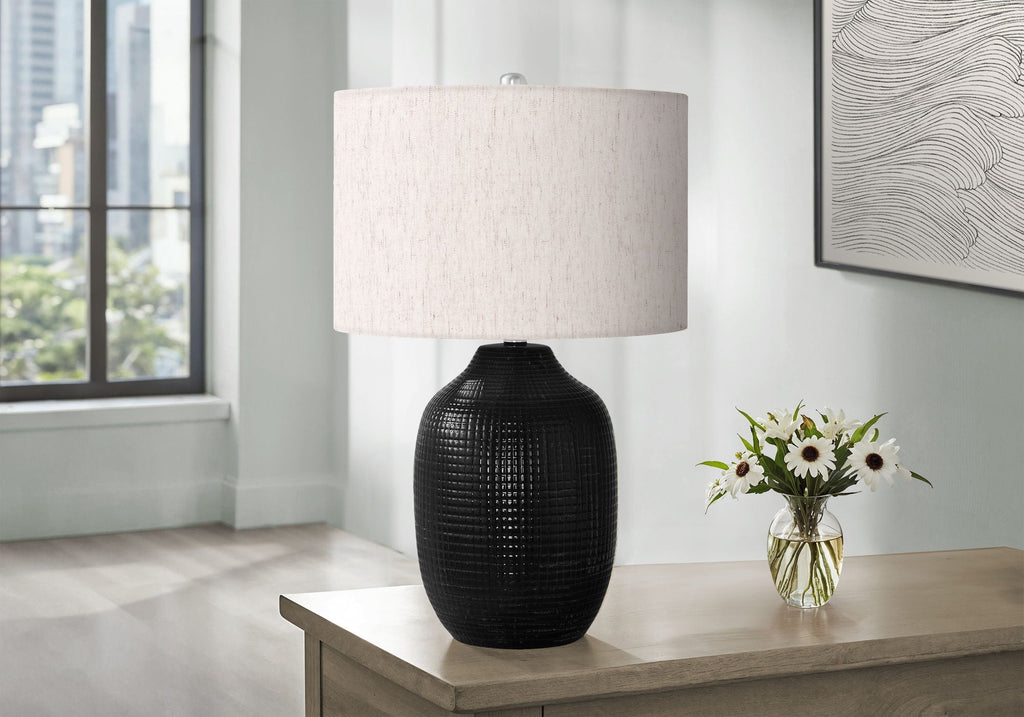 Contemporary Black Ceramic Table Lamp with 3-Way Switch - Ivory Linen Shade