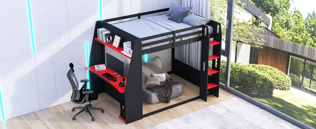 Full Size Wooden Gaming Bunk Bed with Desk and LED Light - Black/Red