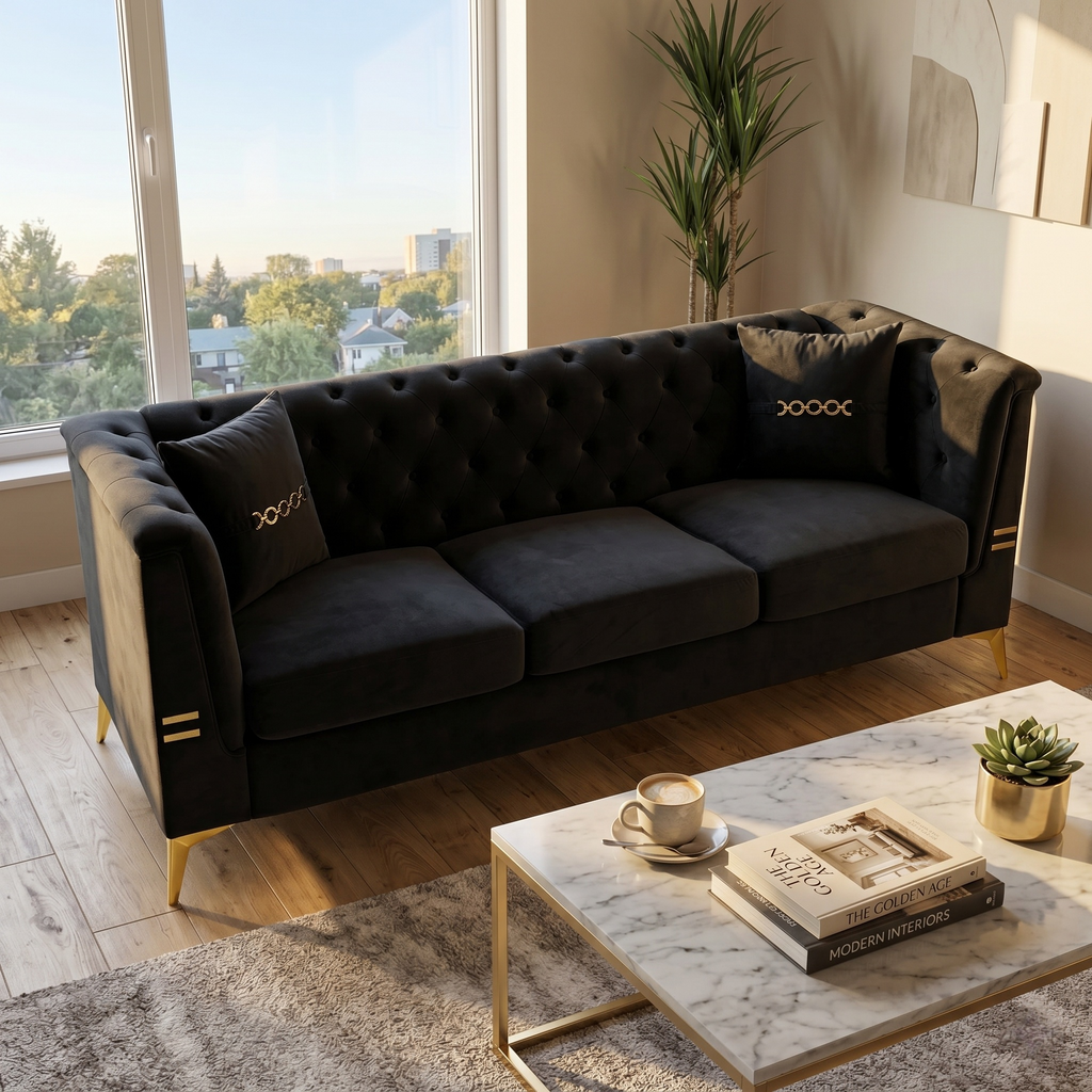 Contemporary Faux Sherpa Sofa with Gold Accents and 2 Pillows - White
