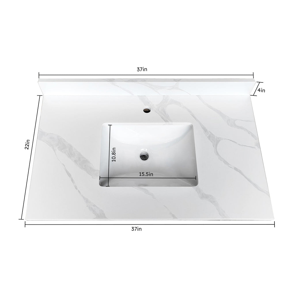 37-Inch Quartz Bathroom Vanity Top with Undermount Single Bowl - White