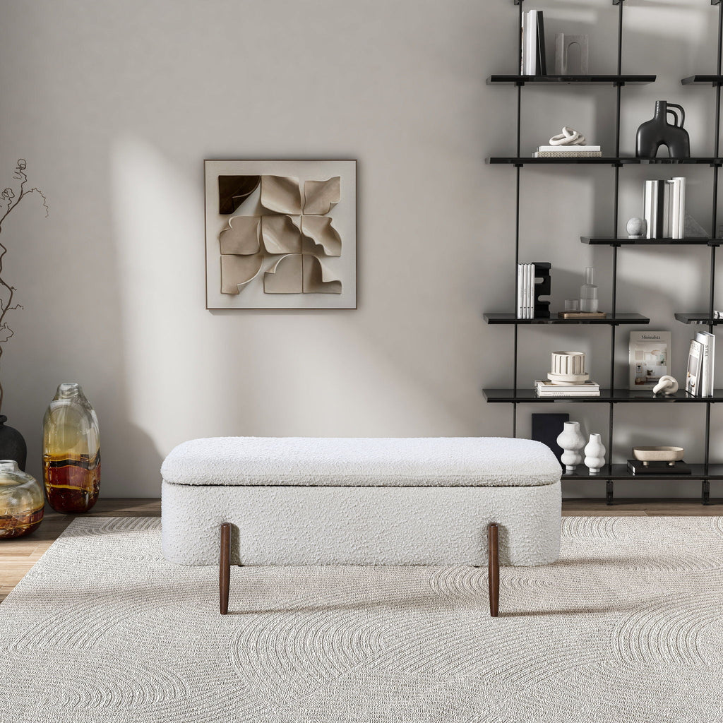 Ivory Storage Bench with Hidden Storage - Boucle Upholstery