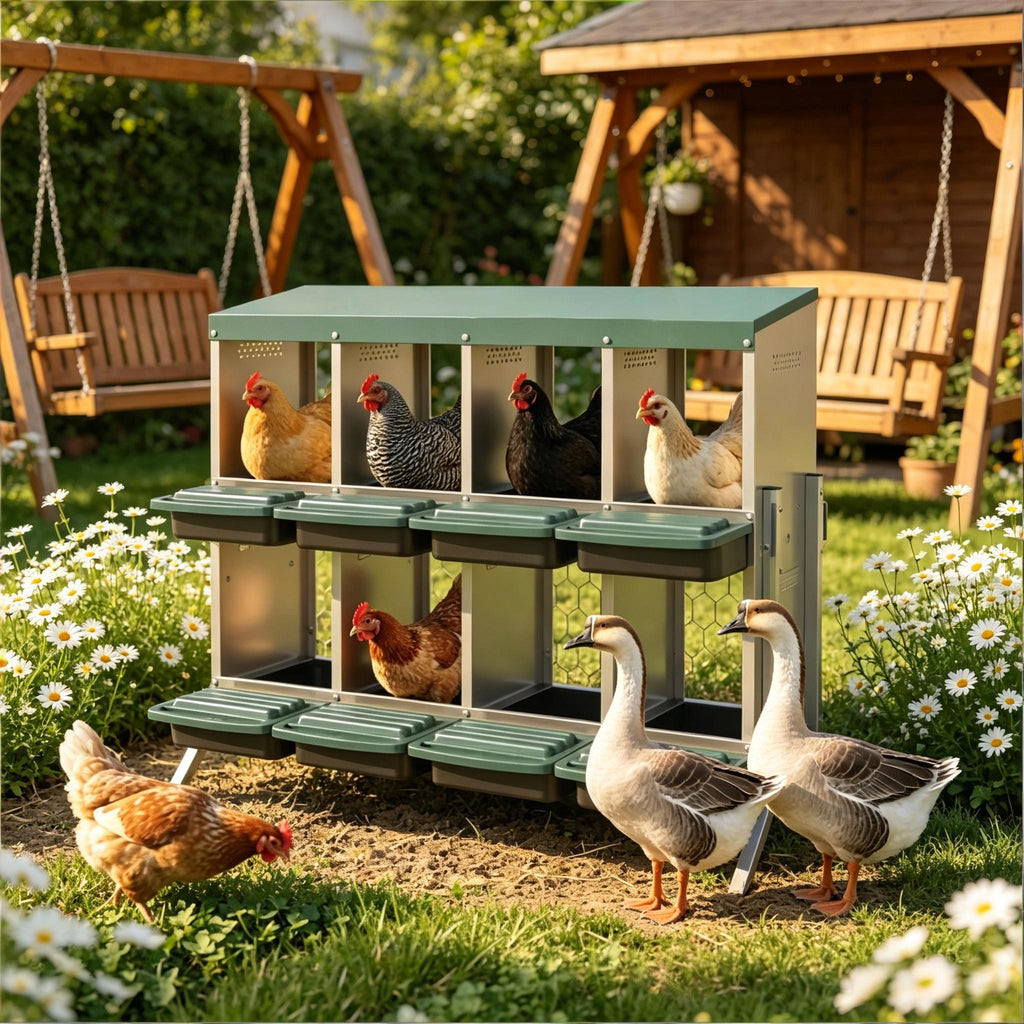 Metal Chicken Egg Laying Boxes with 8 Compartments and Waterproof Roof - Metallic