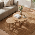 Round Nesting Coffee Tables Set of 2 with X-Cross Support - Natural Wood Finish