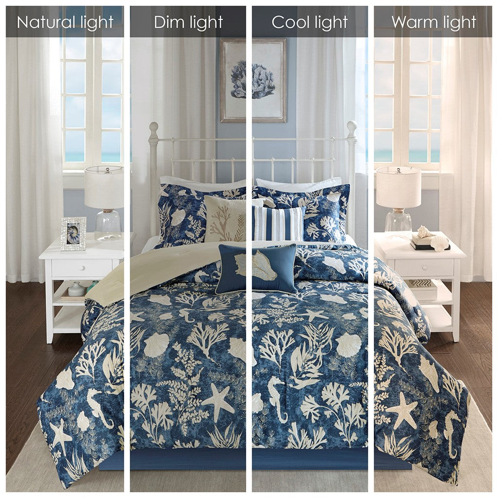Cotton Sateen Comforter Set with Coastal Motif - Blue