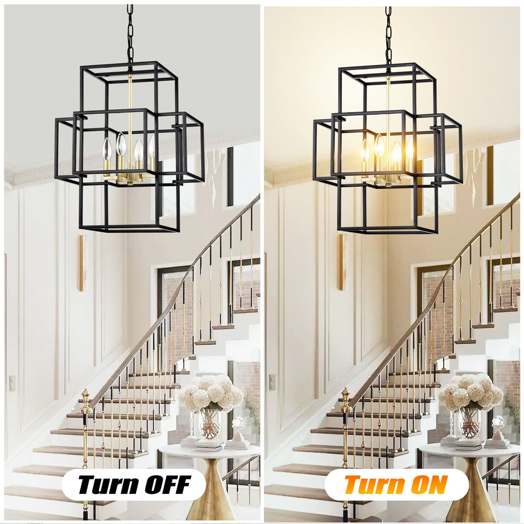 4 Light Metal Lantern Pendant Light with Adjustable Height - Black or Gold