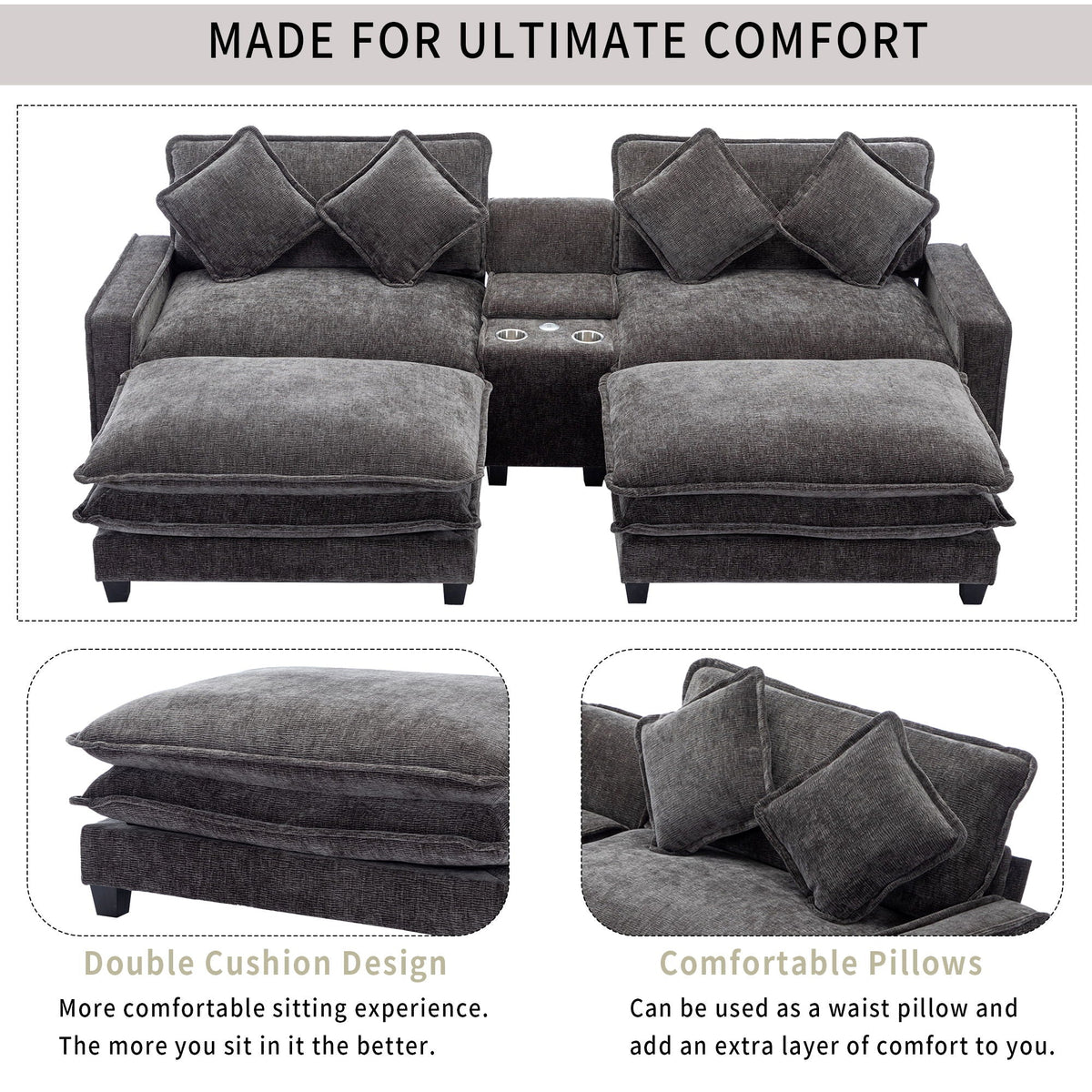Modern Sectional Sofa with Removable Ottomans, USB Ports - Dark Gray or Light Blue