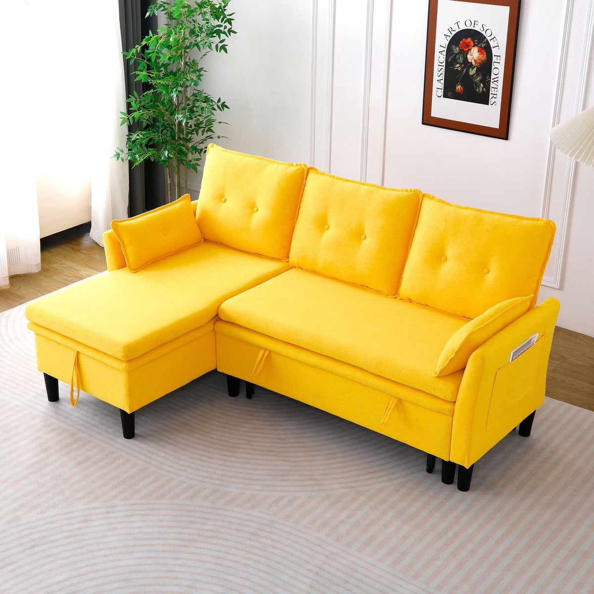 Reversible Chaise Sleeper Sectional Sofa with Storage - Cotton-Linen Upholstery