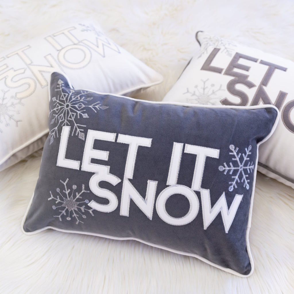 Gray Velvet Lumbar Throw Pillow with Snowflake Embroidery - 14x20