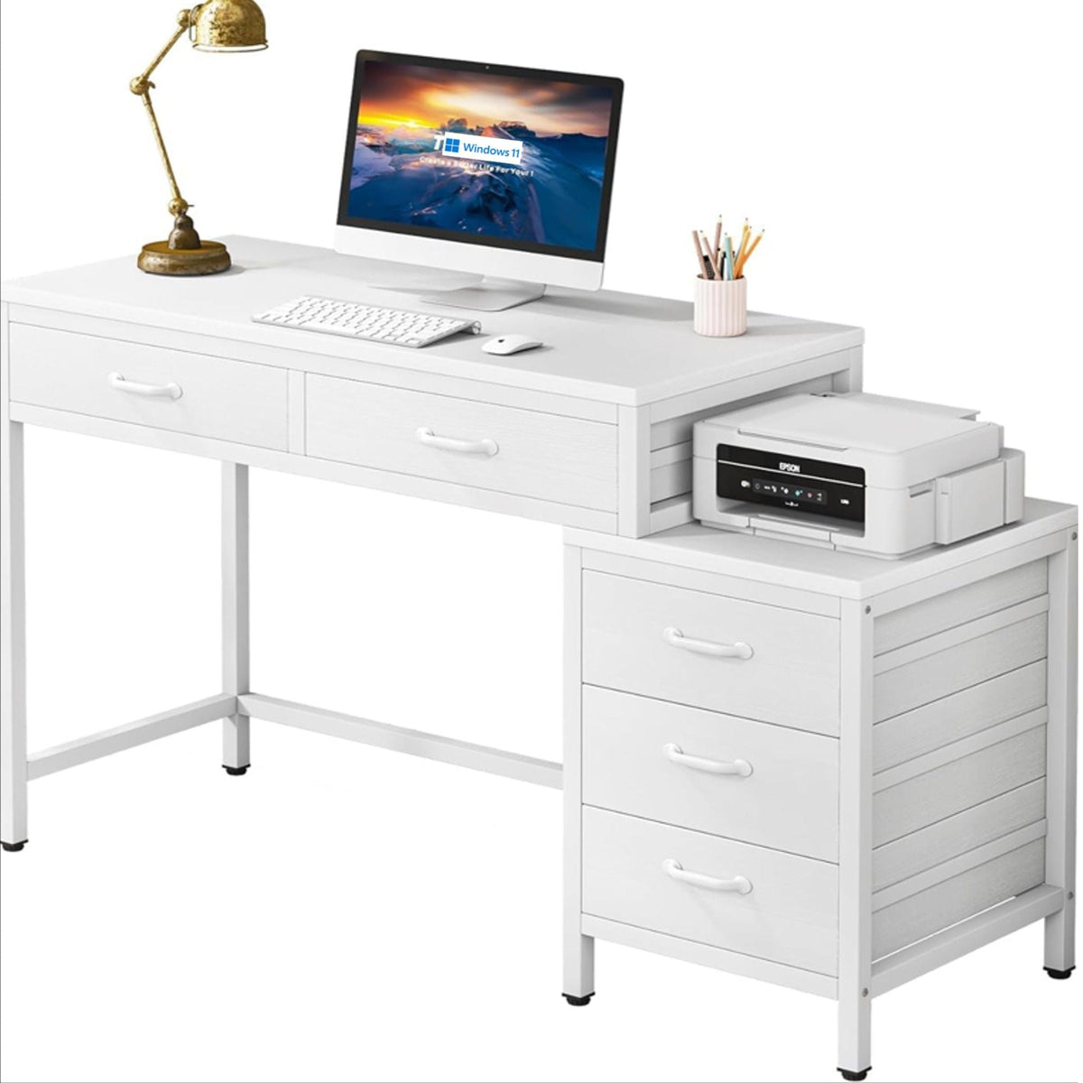 Computer Desk with Reversible 5 Drawer Storage - White or Light Brown