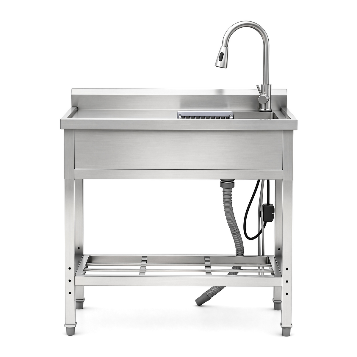 Stainless Steel Utility Sink with Large Compartment & Pull-Out Faucet - Silver
