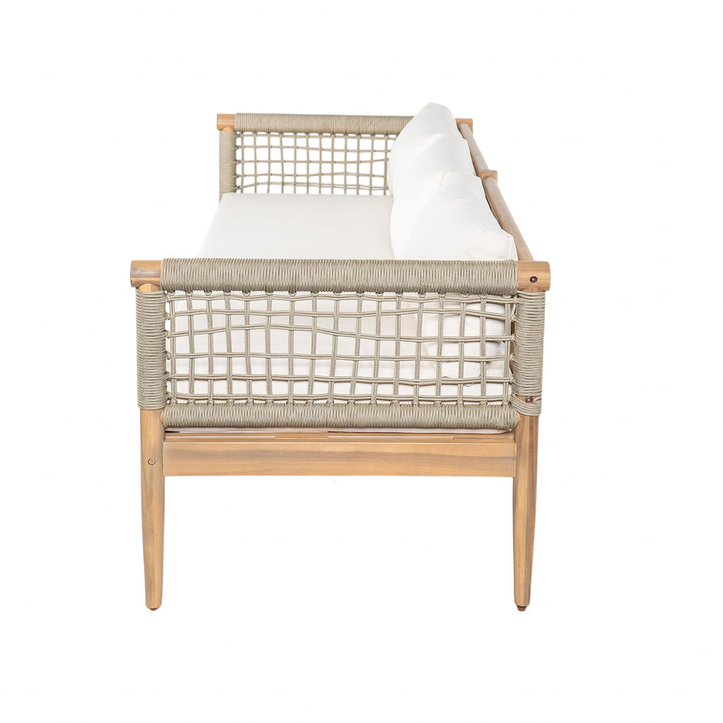Outdoor Acacia Wood 3-Seater Sofa with Rope Woven Arms - Taupe