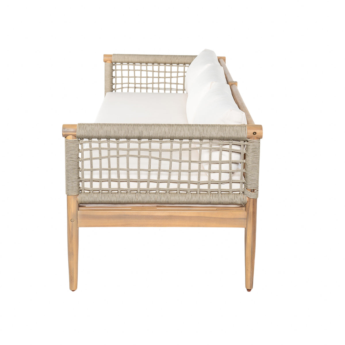 Outdoor Acacia Wood 3-Seater Sofa with Rope Woven Arms - Taupe