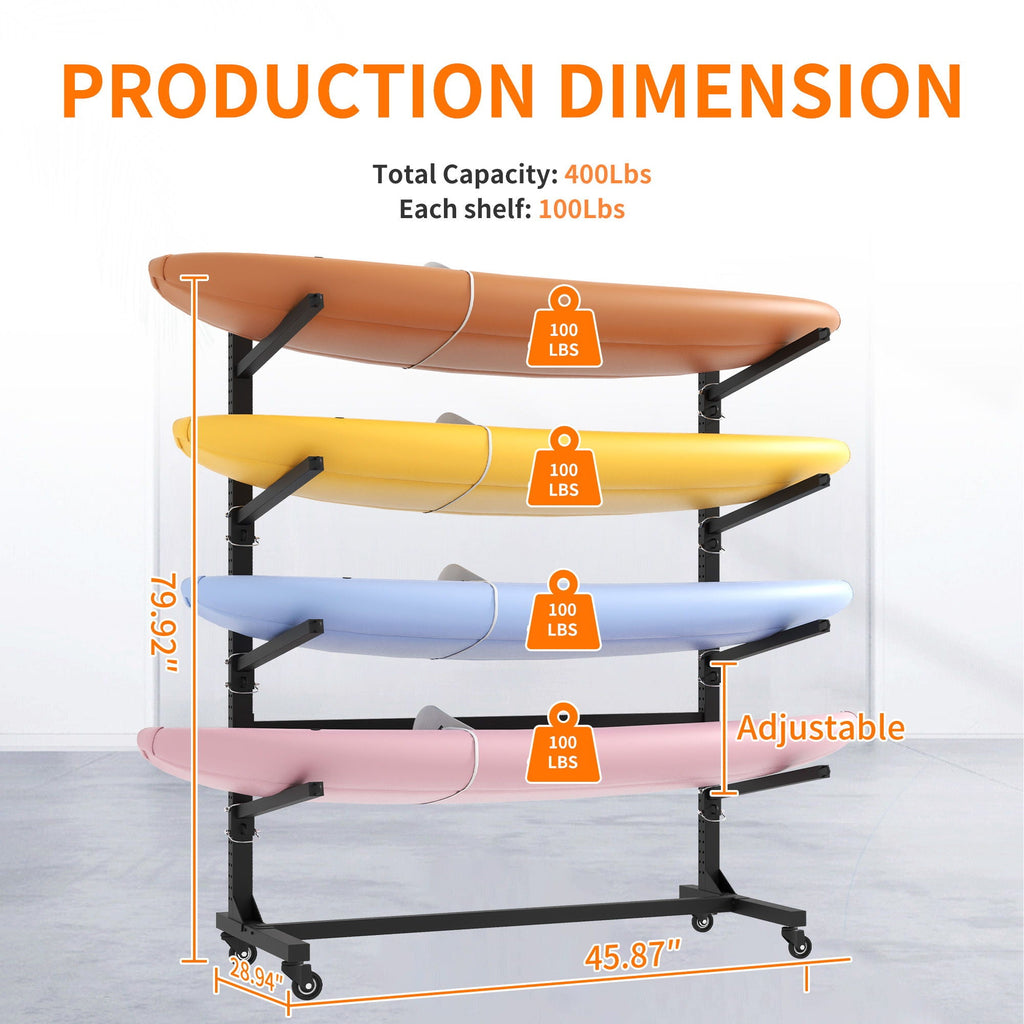 Freestanding Kayak Storage Rack with Lockable Wheels - Black