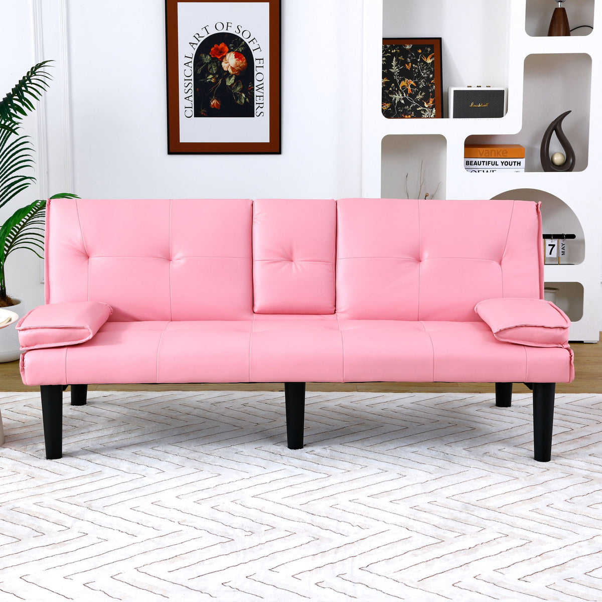 Foldable Sofa Bed with Cup Holder and Solid Wood Frame - Multiple Colors