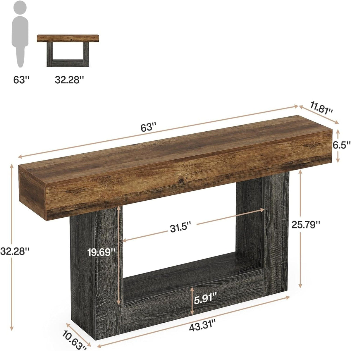 Console Table with 2 Tier Storage and U-Shaped Base - Light Brown or Dark Brown