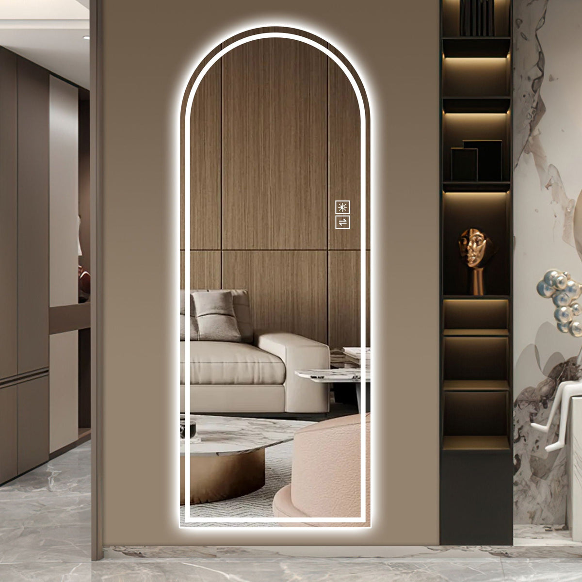 Arch Design LED Full Length Mirror with Dimmable LED Lights - Silver