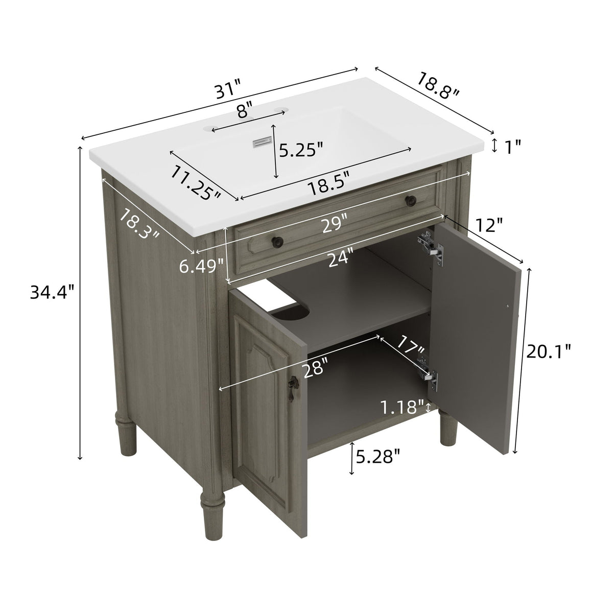 Vintage Bathroom Vanity With Sink and Soft-Close Doors - Dark Gray or White