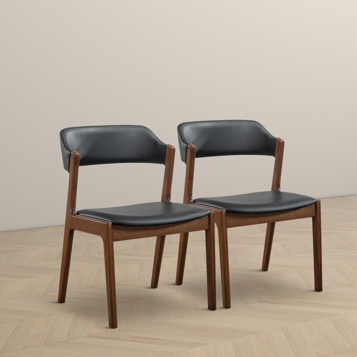 Enzo Dining Chair Set of 2 with Black Vegan Leather - Black / Brown