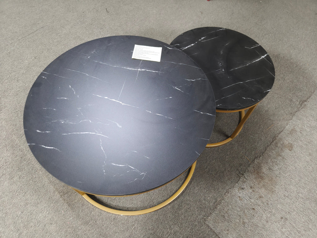 Nesting Coffee Table Set of 2 with Wood Marble Pattern Top - Black+Gold