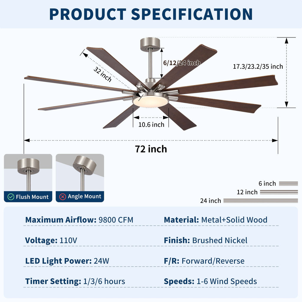 Large Ceiling Fan with Dimmable LED Light and Remote Control - Black or Dark Brown