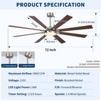 Large Ceiling Fan with Dimmable LED Light and Remote Control - Black or Dark Brown