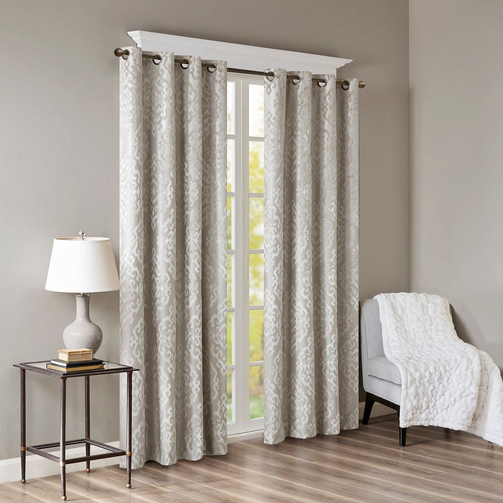 Knitted Jacquard Damask Total Blackout Curtain Panel with Silver Grommets - Silver