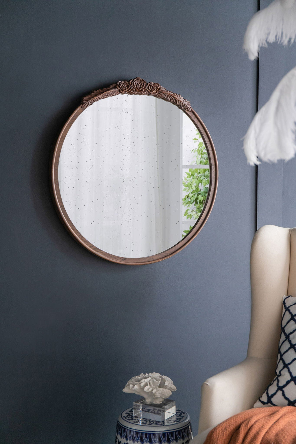Round Hand Carved Rose Antique Wall Mirror with Intricate Detailing - Light Brown or Black