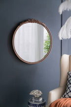 Round Hand Carved Rose Antique Wall Mirror with Intricate Detailing - Light Brown or Black