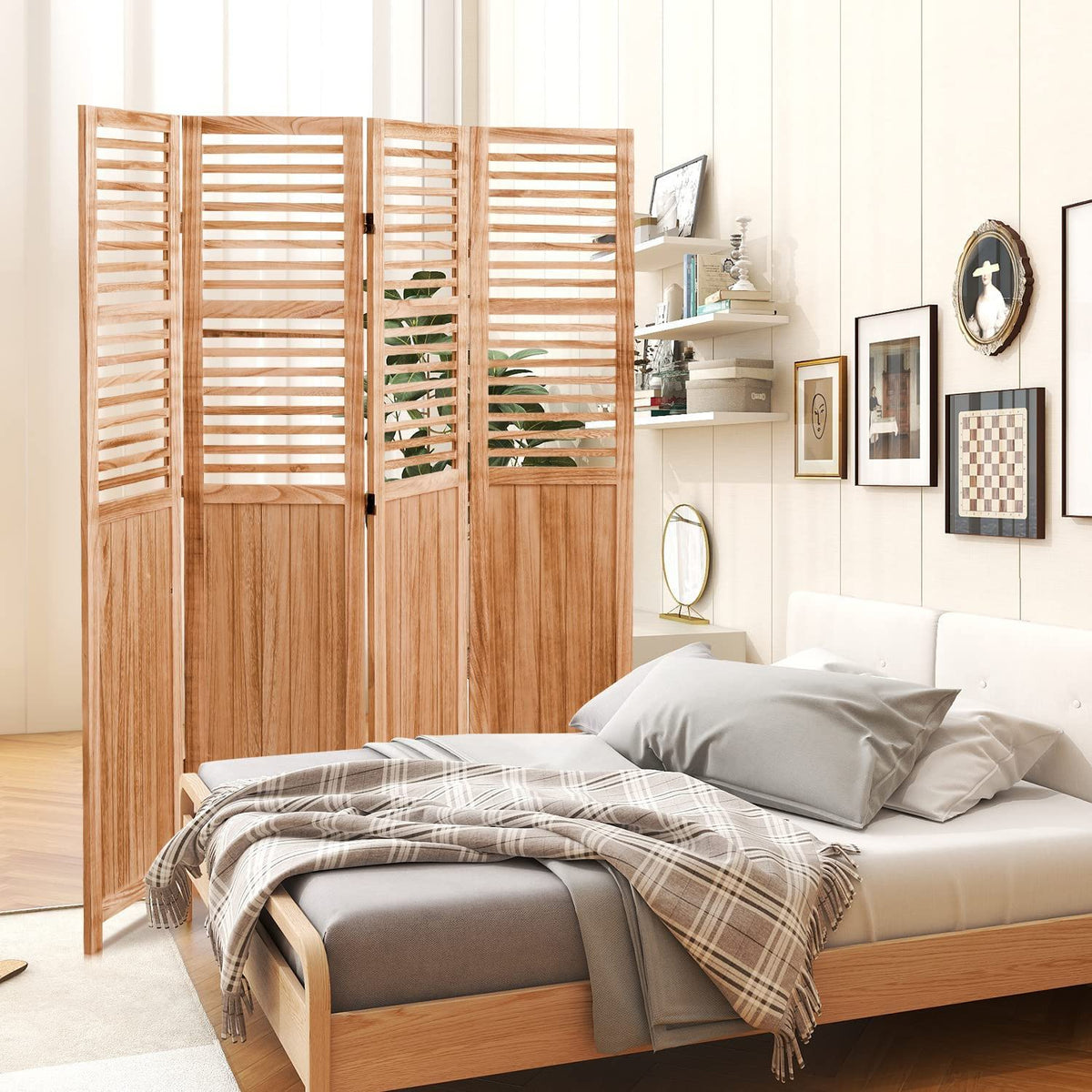 Light Brown Panel Folding Room Divider with Metal Hinges - Solid Wood