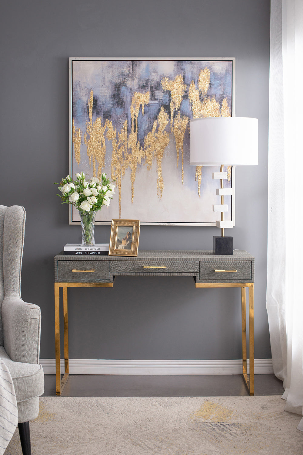 White Marble Table Lamp with Brass Frame and Fabric Shade - 15" W x 30" H
