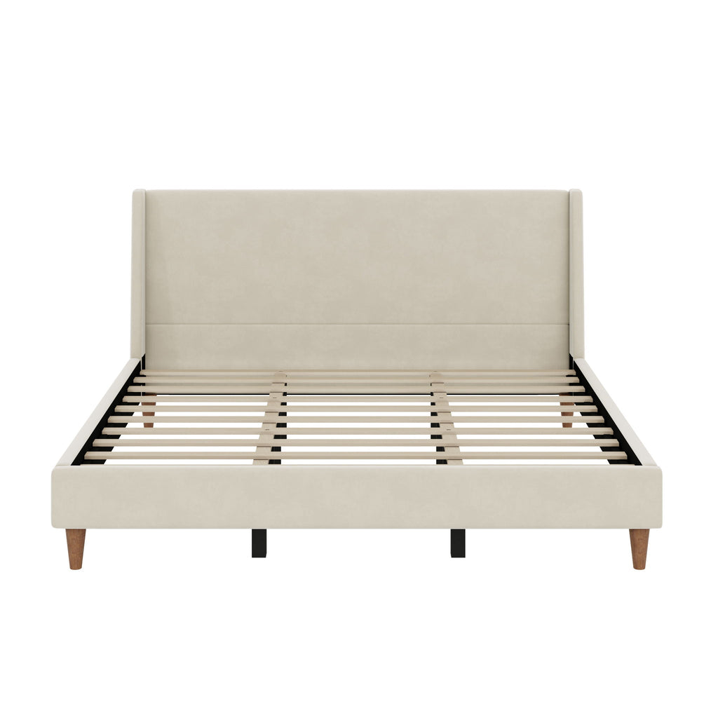 Modern Upholstered Platform Bed with Wingback Headboard – King, Beige