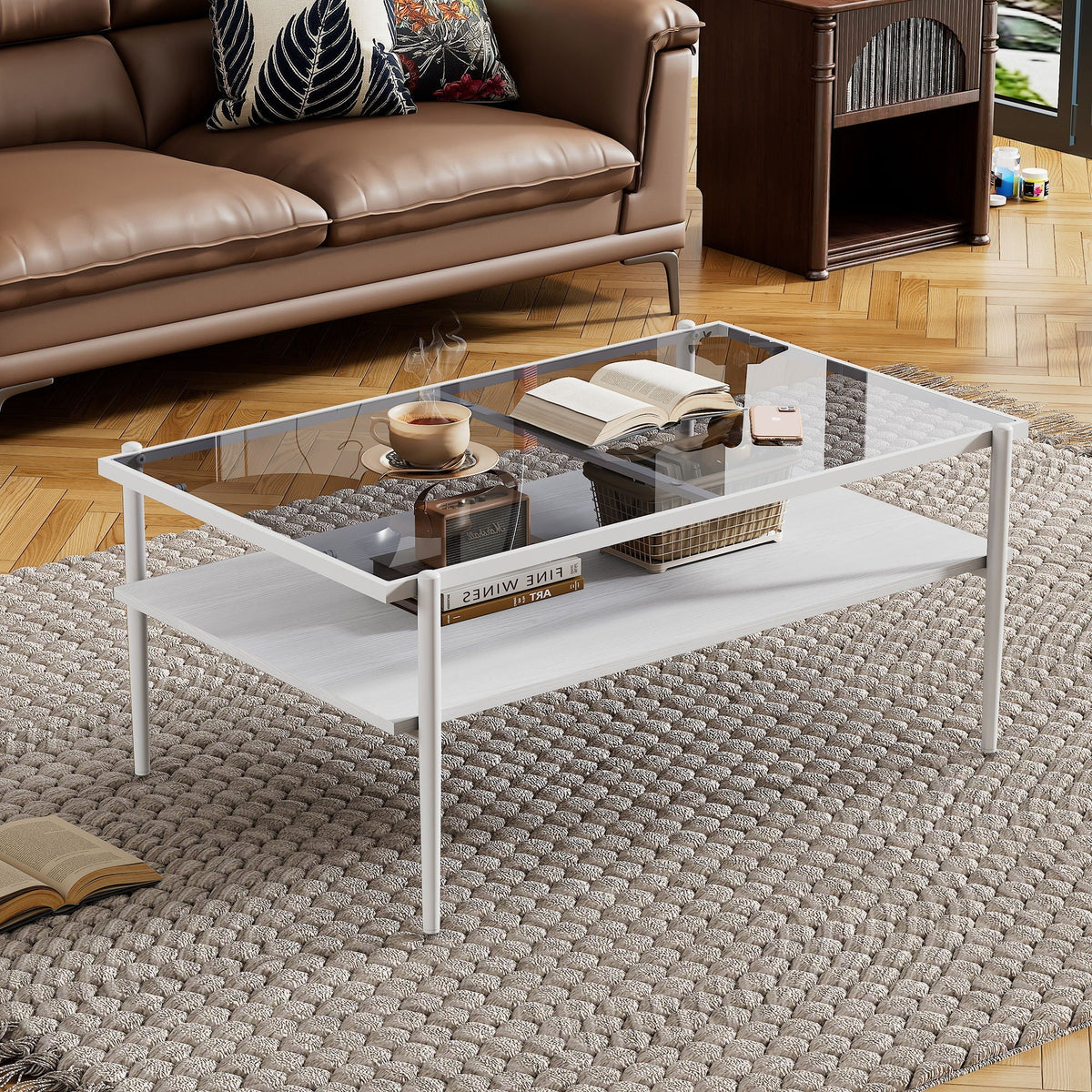 Rectangular Coffee Table with Tempered Glass Top and Metal Legs - Black, Dark Brown, or White