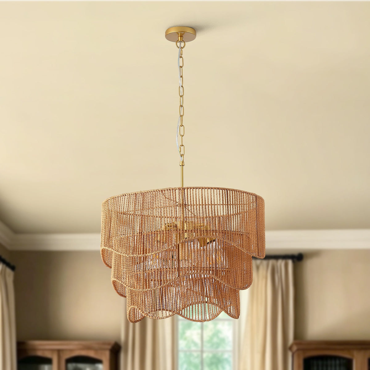 Handwoven Paper Rattan Boho Chandelier with 7-Light E26 Base - Natural