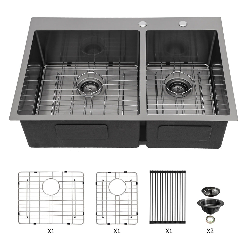 Double Bowl Kitchen Sink 16 Gauge with 2 10" Deep Basins - Gunmetal Black