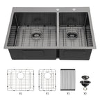 Double Bowl Kitchen Sink 16 Gauge with 2 10" Deep Basins - Gunmetal Black