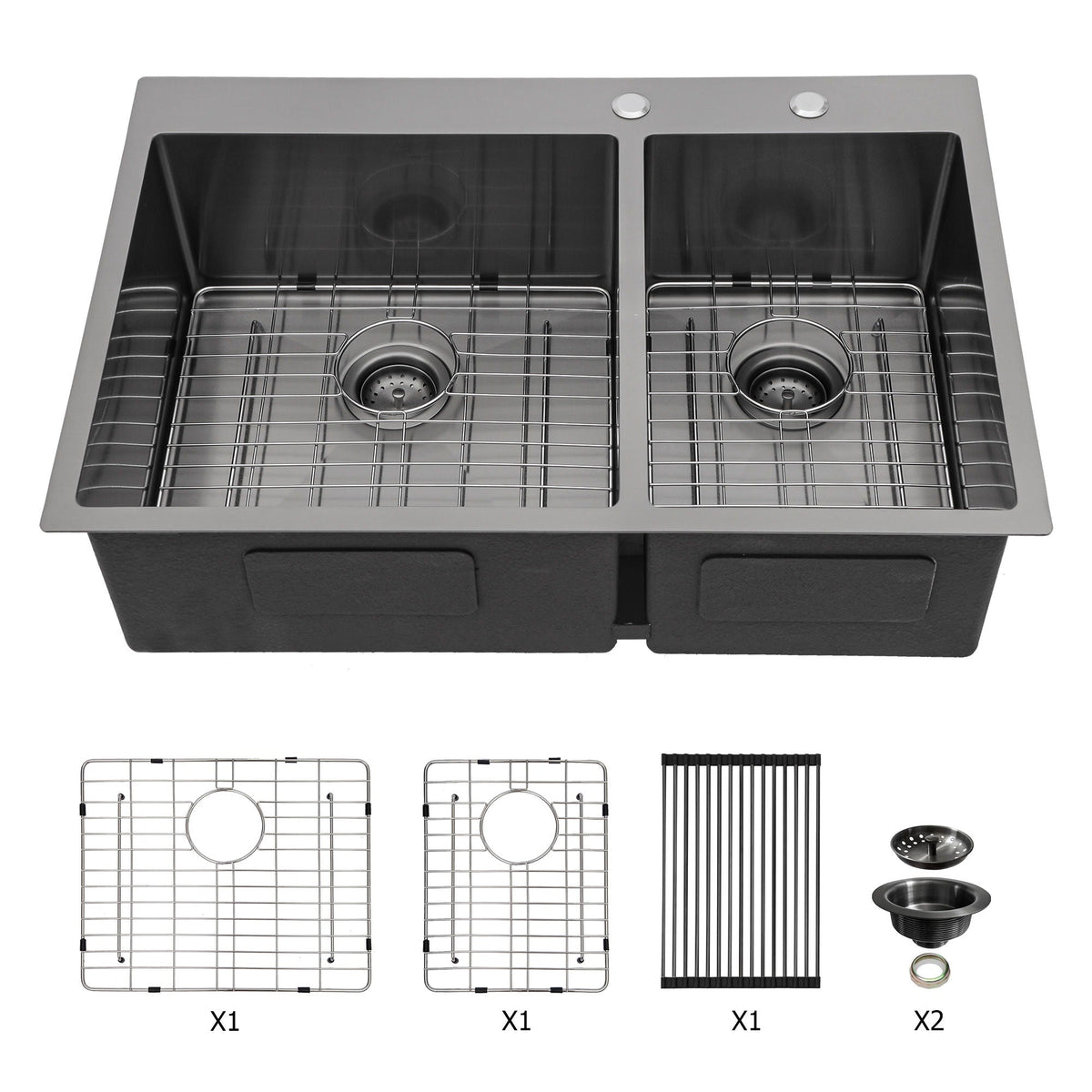 Double Bowl Kitchen Sink 16 Gauge with 2 10" Deep Basins - Gunmetal Black