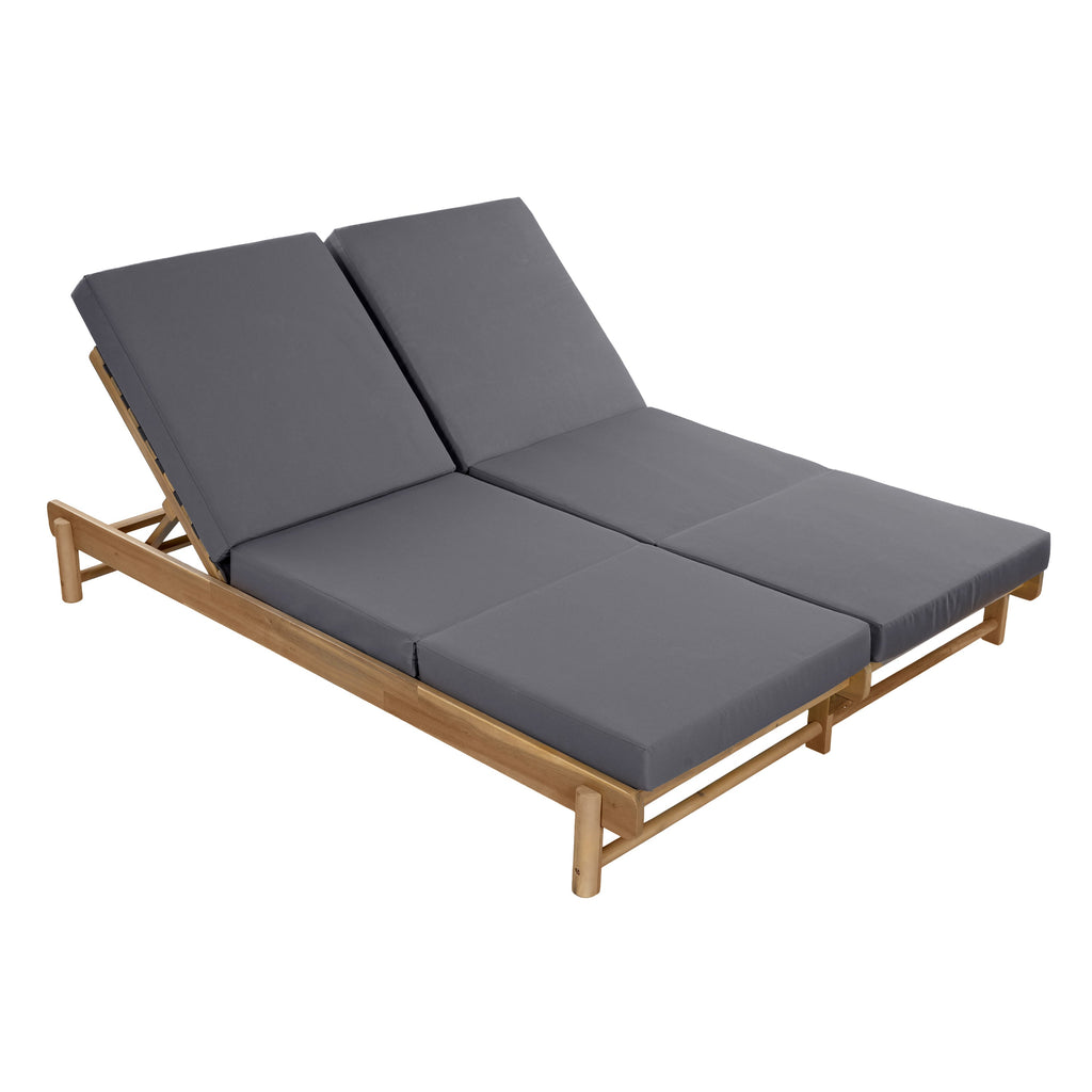 Light Teak Acacia Wood Double Chaise Lounger Set with Dark Grey Cushions - Patio Seating