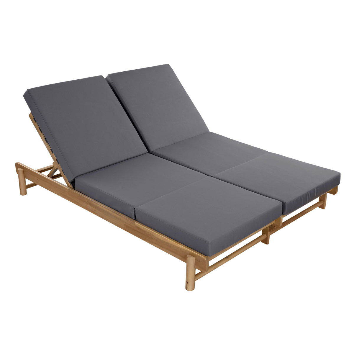 Light Teak Acacia Wood Double Chaise Lounger Set with Dark Grey Cushions - Patio Seating