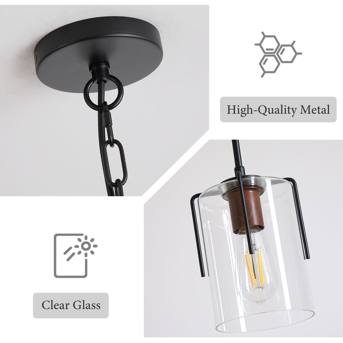 Adjustable Pendant Lighting with Clear Glass Shade - Black or Gold