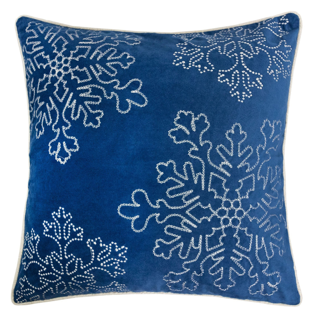 Blue Velvet Holiday Throw Pillow with Silver Snowflakes - Blue