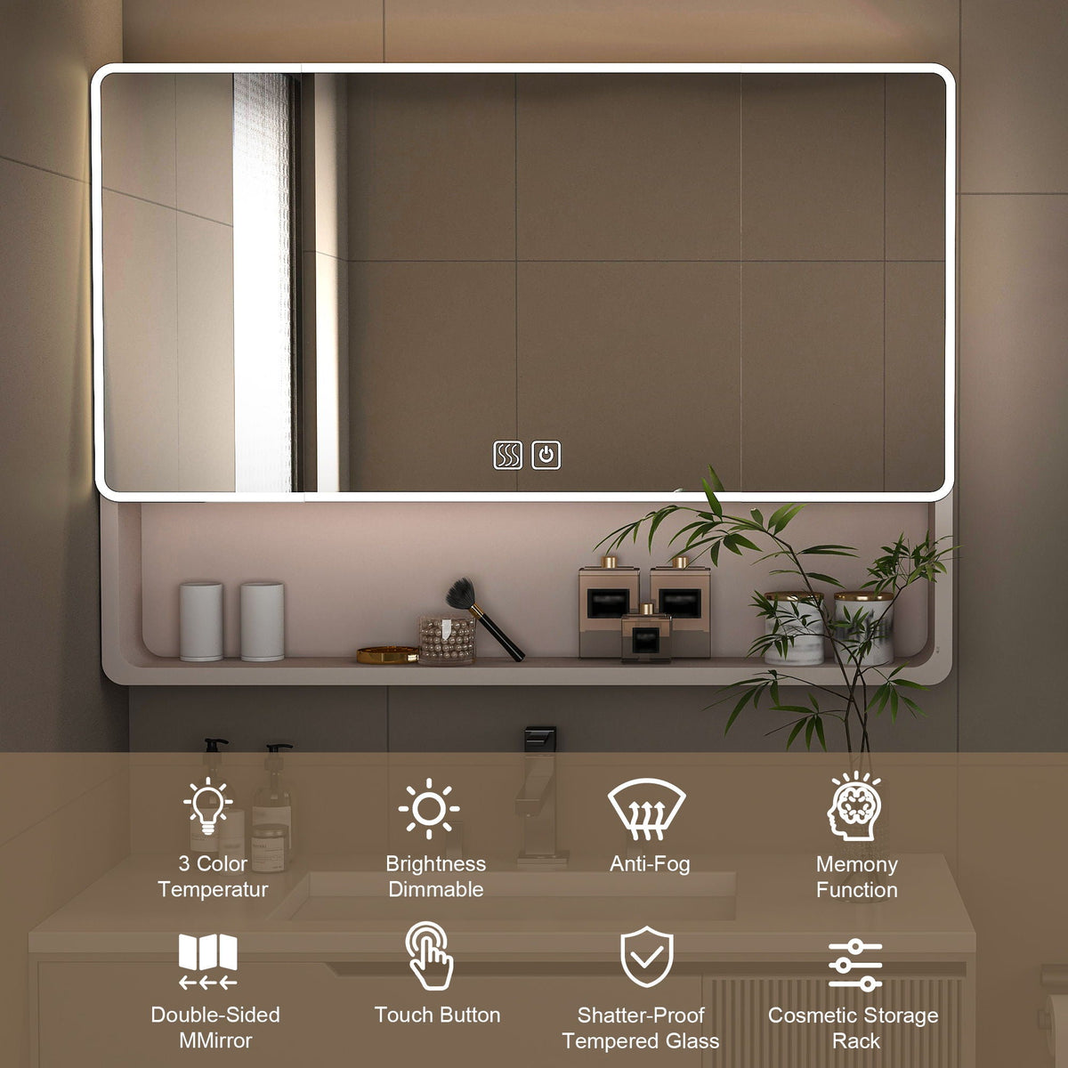 Aluminium Medicine Cabinet Mirror with LED & Defogging Function - Khaki