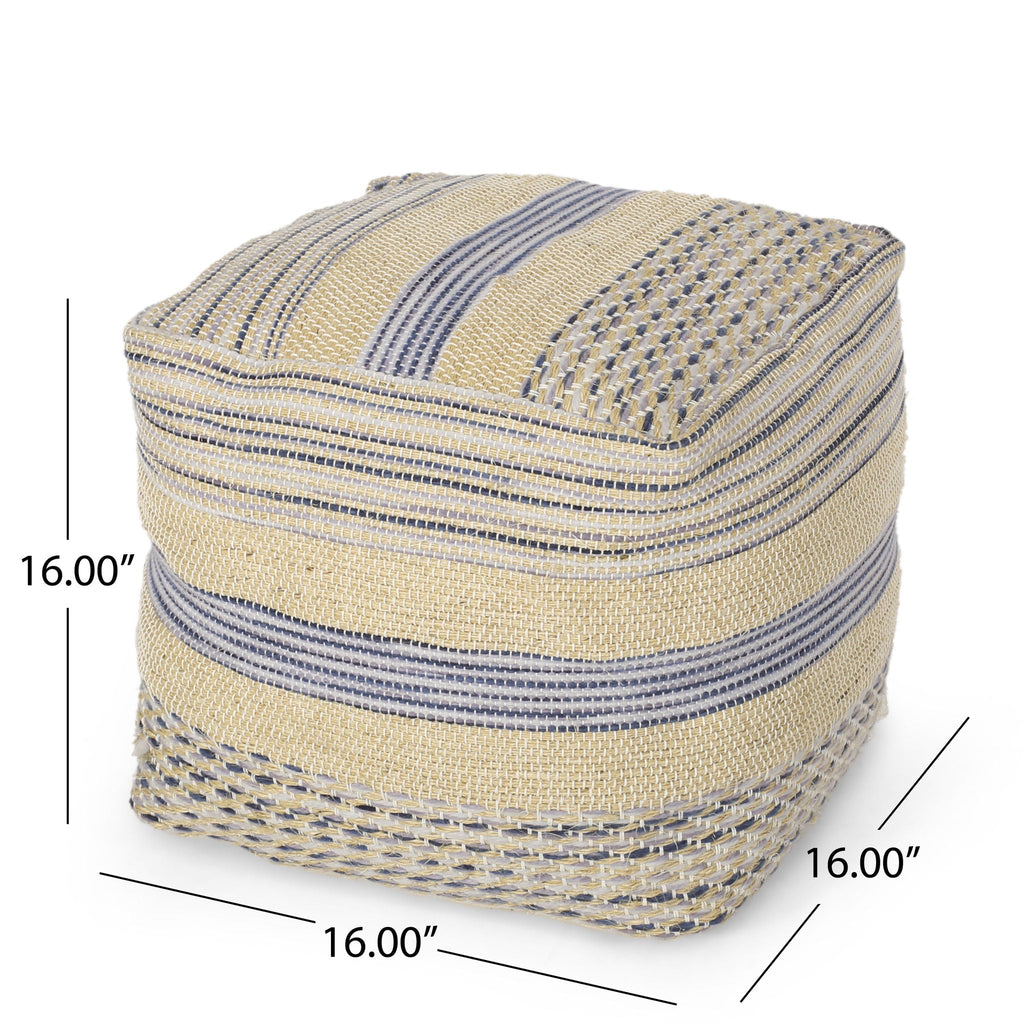 Handcrafted Fabric Pouf with Durable Hemp and Wool - Natural / Blue