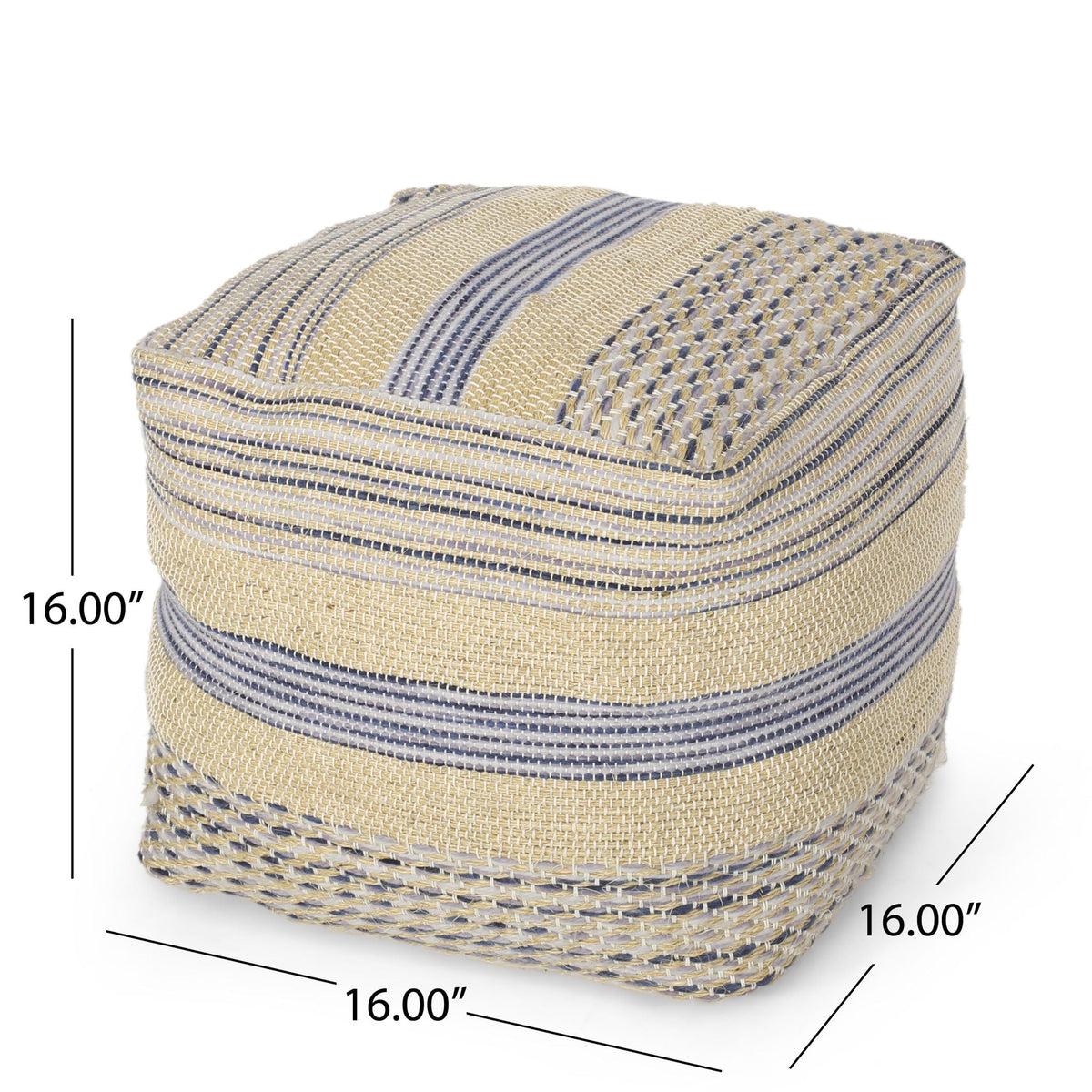 Handcrafted Fabric Pouf with Durable Hemp and Wool - Natural / Blue