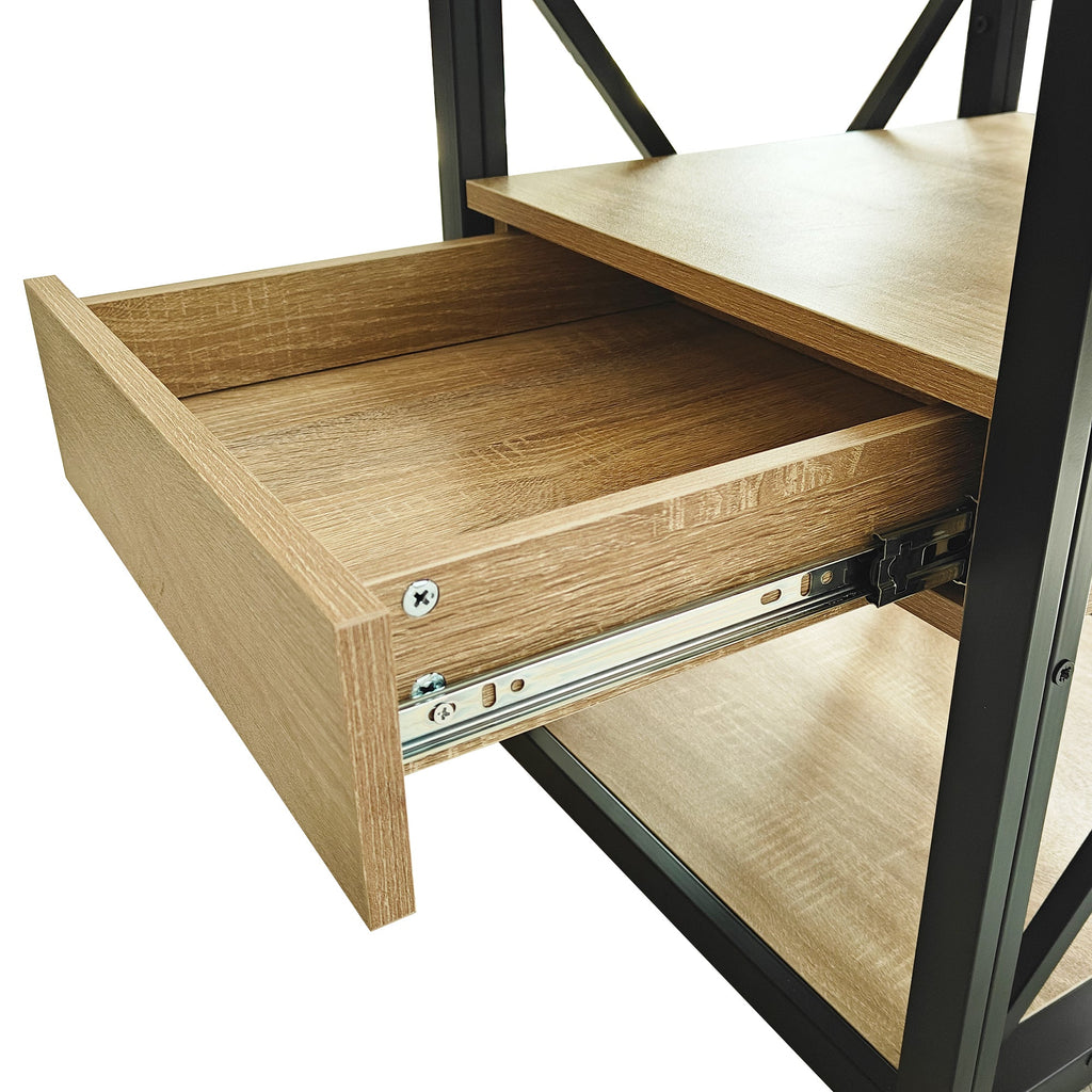 Modern End Table with Drawer - Natural Wood & Tempered Glass