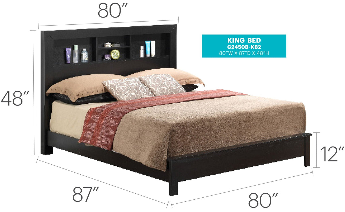 Transitional Storage Bed with Headboard Shelving - Multiple Colors