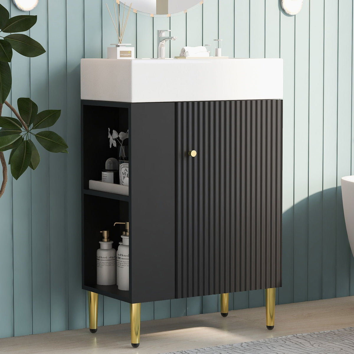 Bathroom Vanity with Single Ceramic Sink and Side Storage - Multiple Colors
