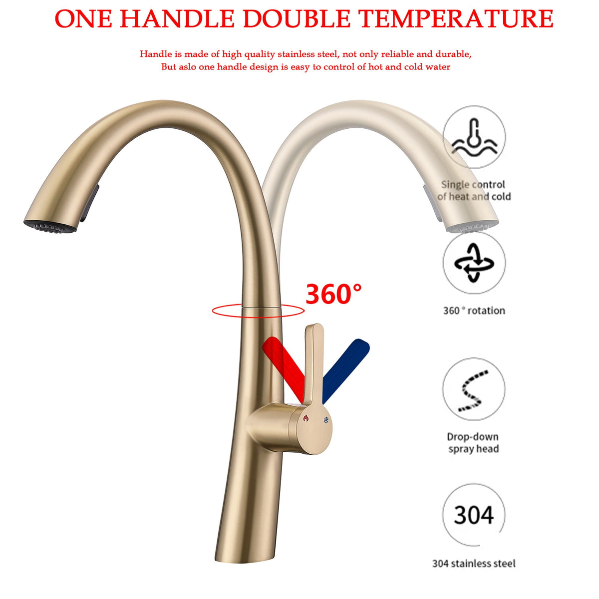 Stainless Steel Pull Out Kitchen Faucet with High Arch Spout - Black or Gold