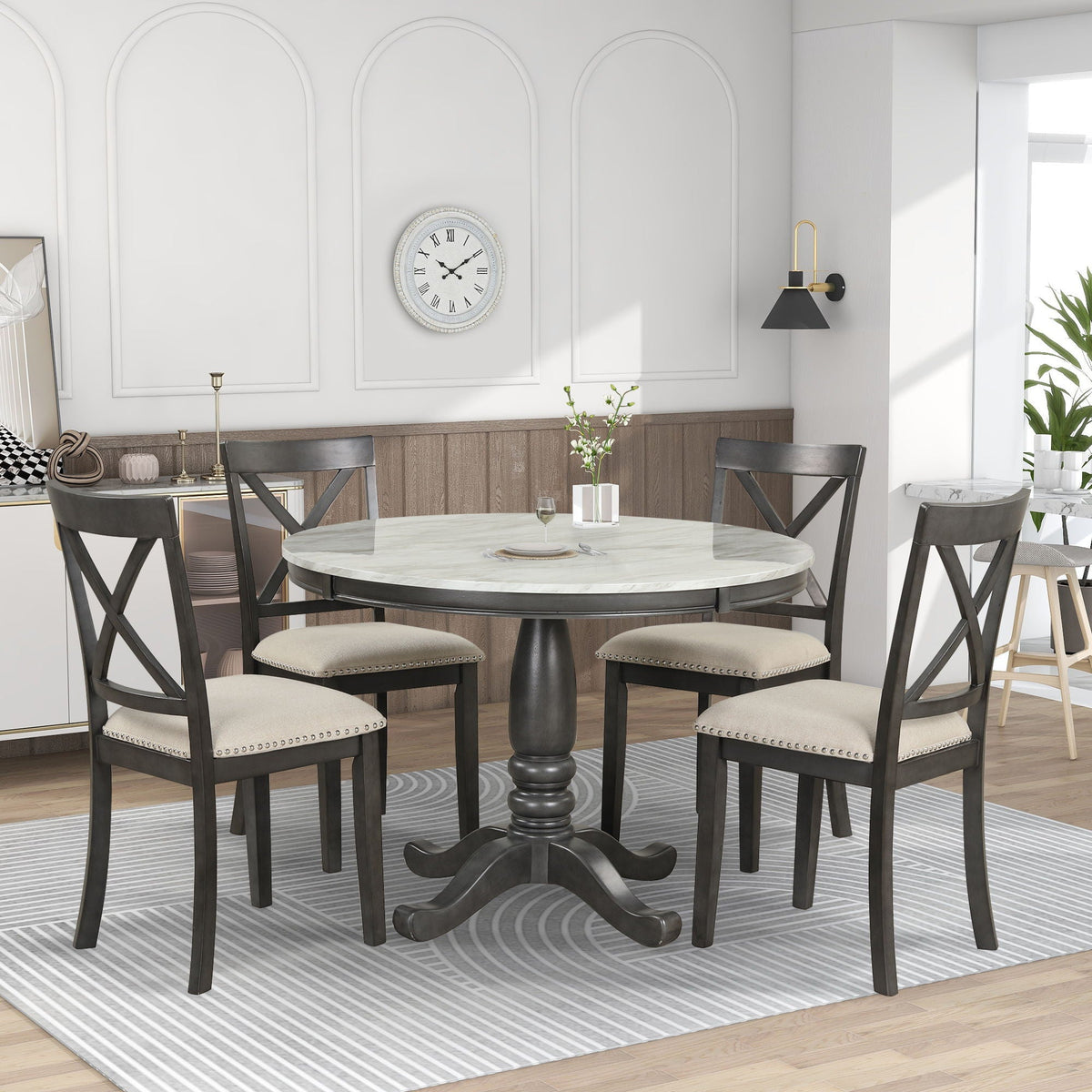 5-Piece Solid Wood Dining Set — White or Dark Gray