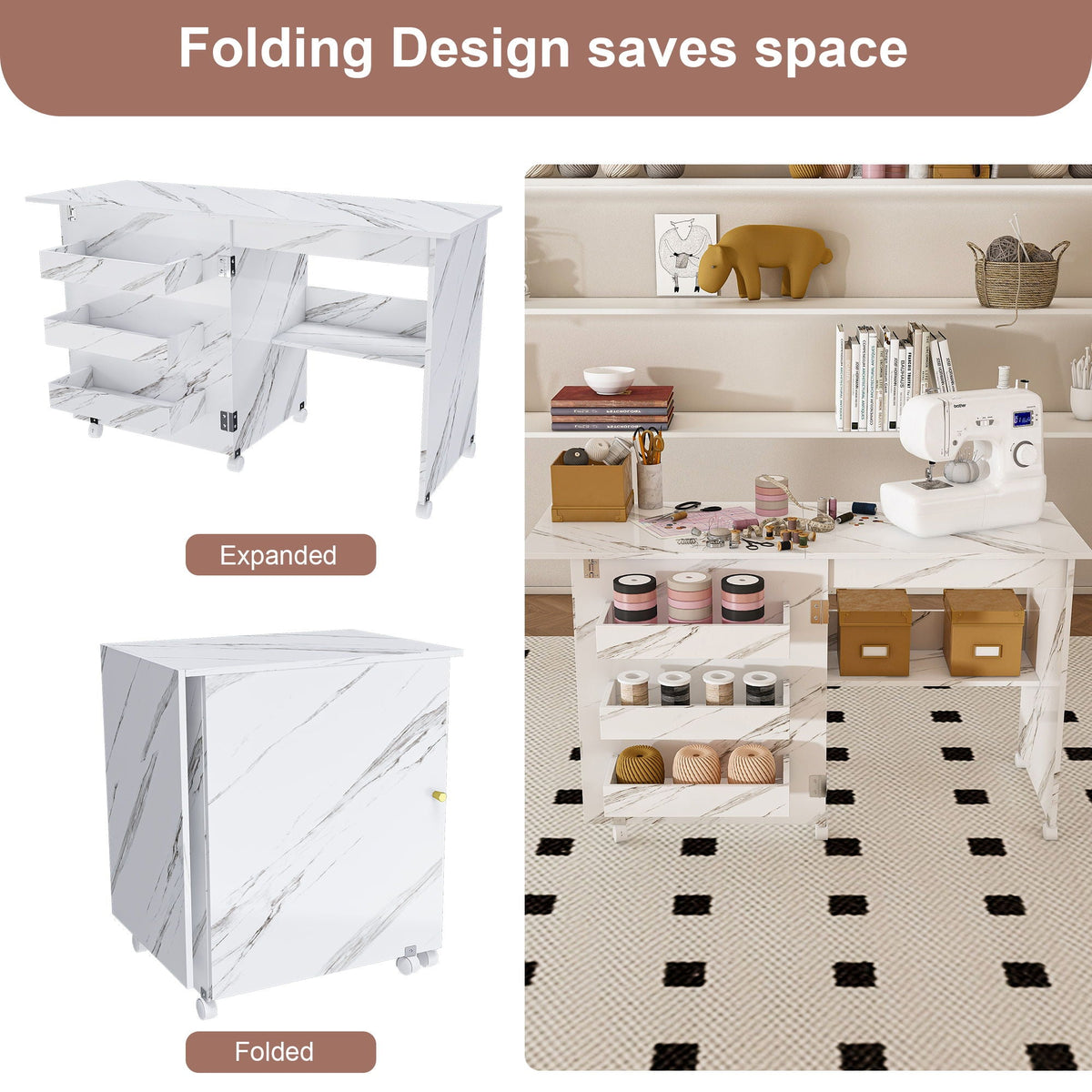 White Folding Sewing Table with Lockable Wheels - 4-in-1 Multi Functional Craft Station
